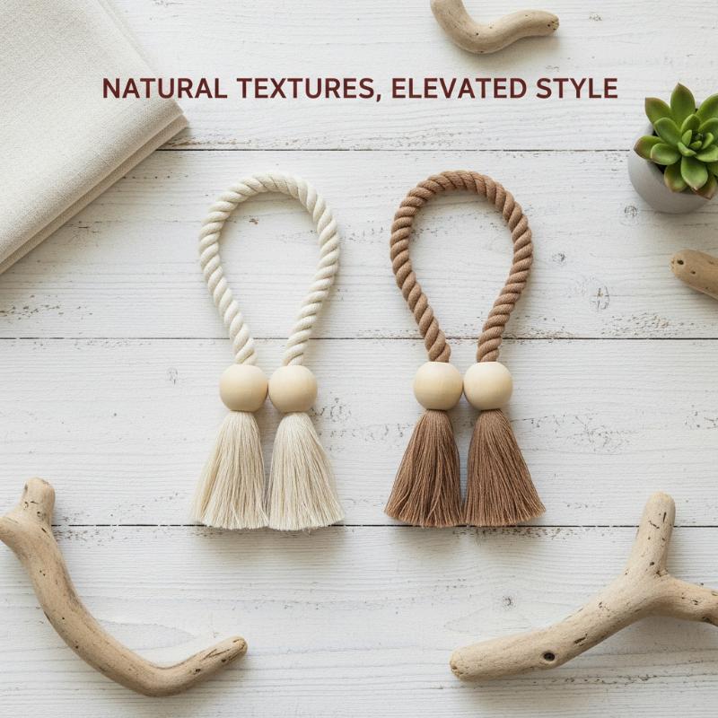 Jet Home Bathroom Accessories - 2Pcs Magnetic Wooden Tassel Window Curtain